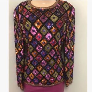 Vintage Black Tie Sequins blouse L
